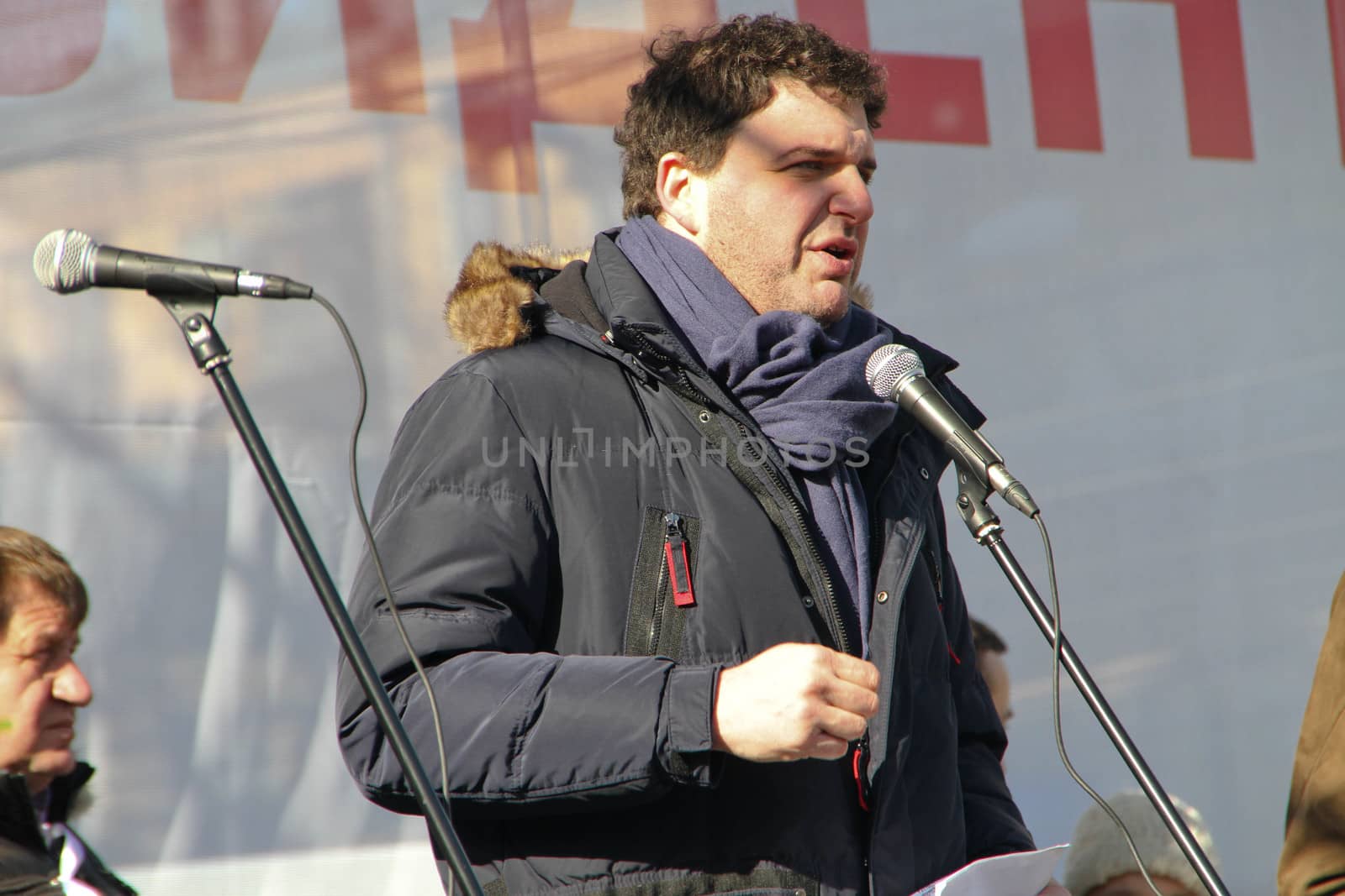 Moscow, Russia - March 10, 2012. Actor Maxim Vitorgan on an opposition rally on election results