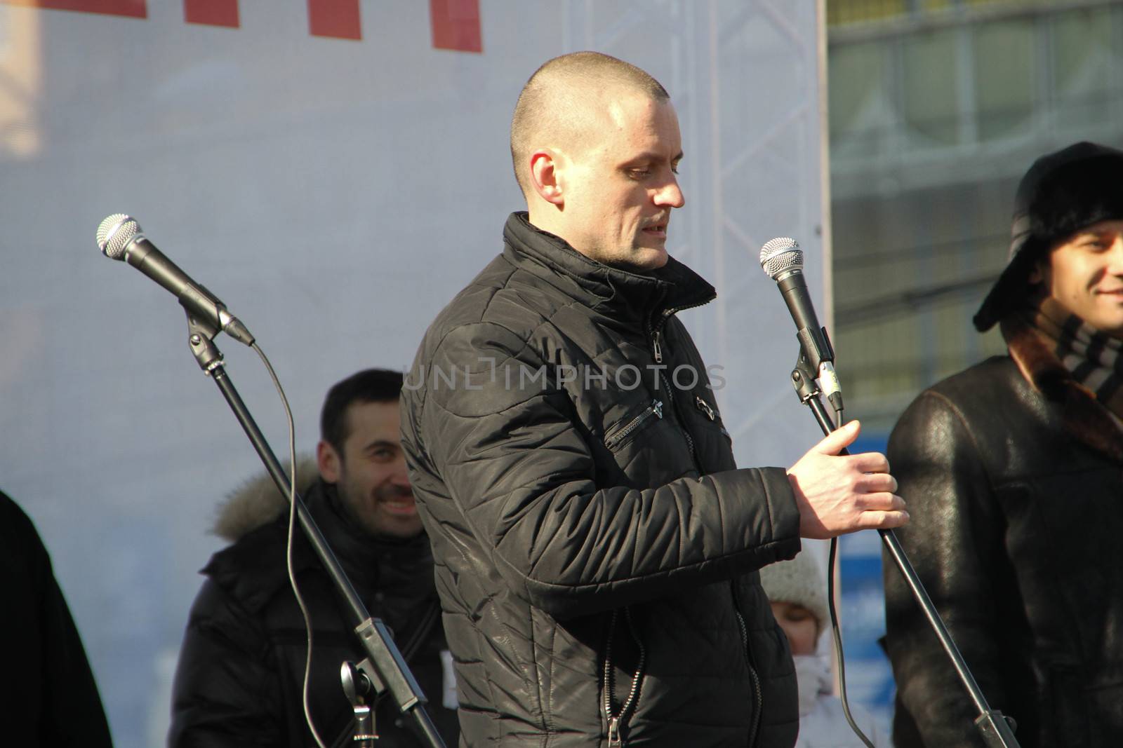 Moscow, Russia - March 10, 2012. Politician Sergei Udaltsov on an opposition rally on election results