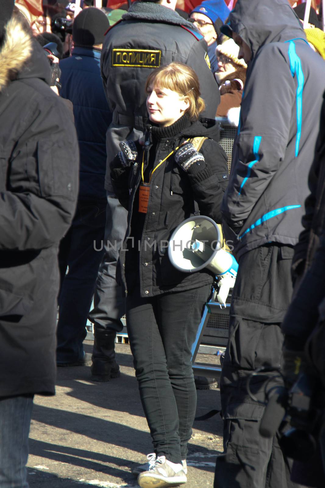 Moscow, Russia - March 10, 2012. Civil society activist Anastasia Rybachenko on an opposition rally on election results