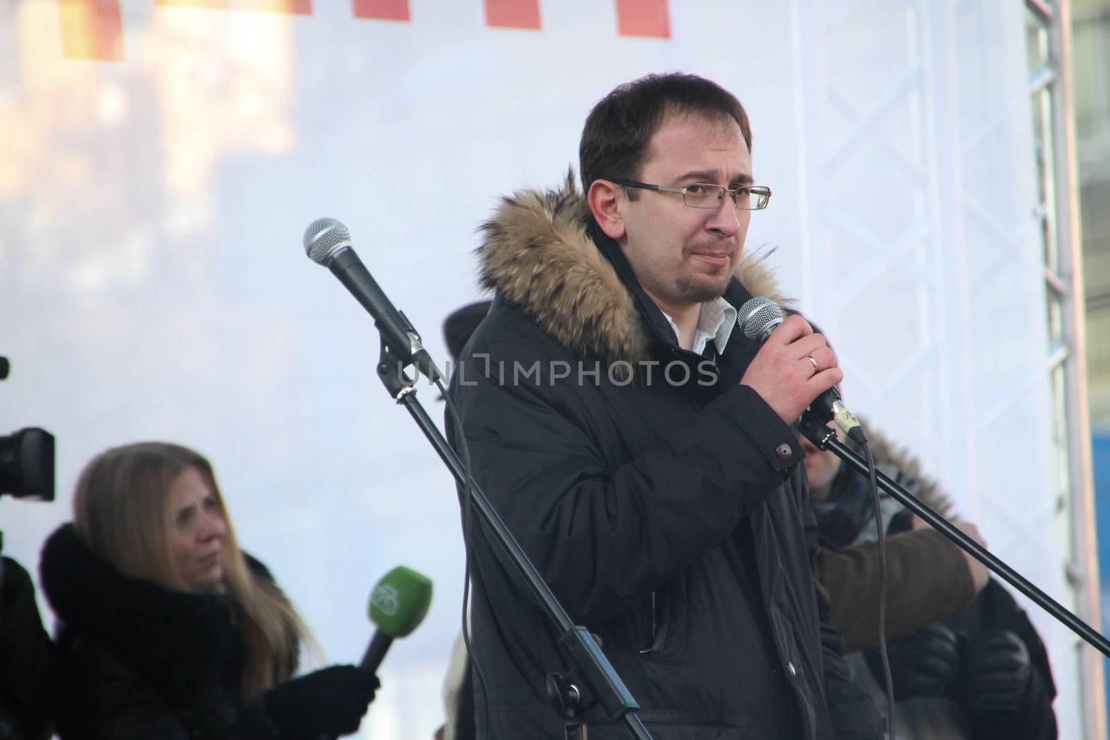 Moscow, Russia - March 10, 2012. Lawyer Nikolai Polozov on an opposition rally on election results