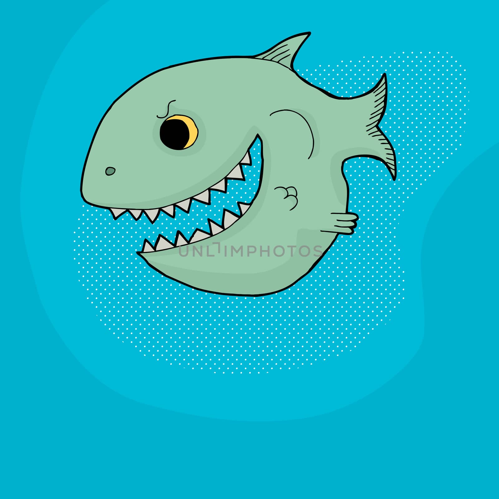 Happy grinning cartoon fish with big mouth and teeth