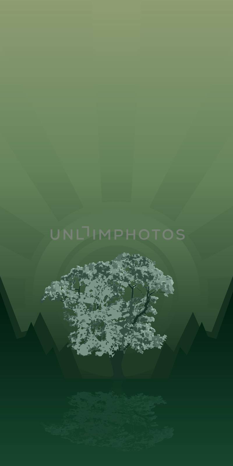 Abstract background with tree mountains and rays