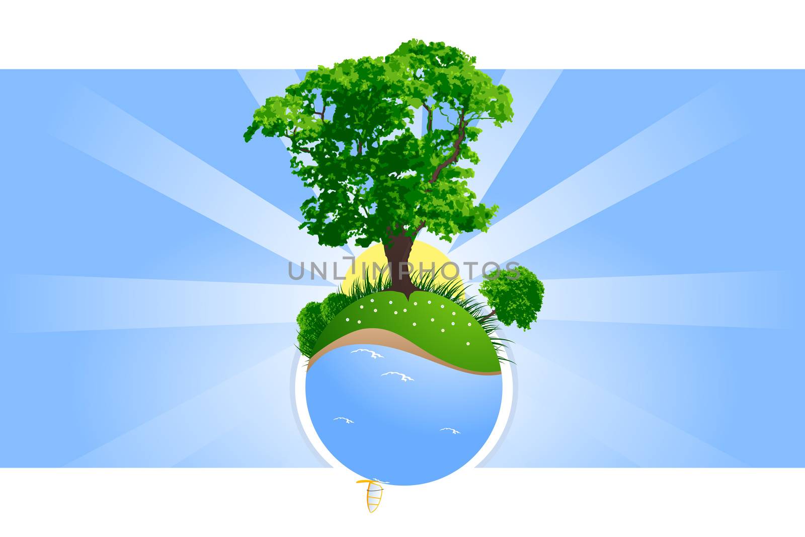 Abstract green planet with trees grass and windsurfing vector illustration