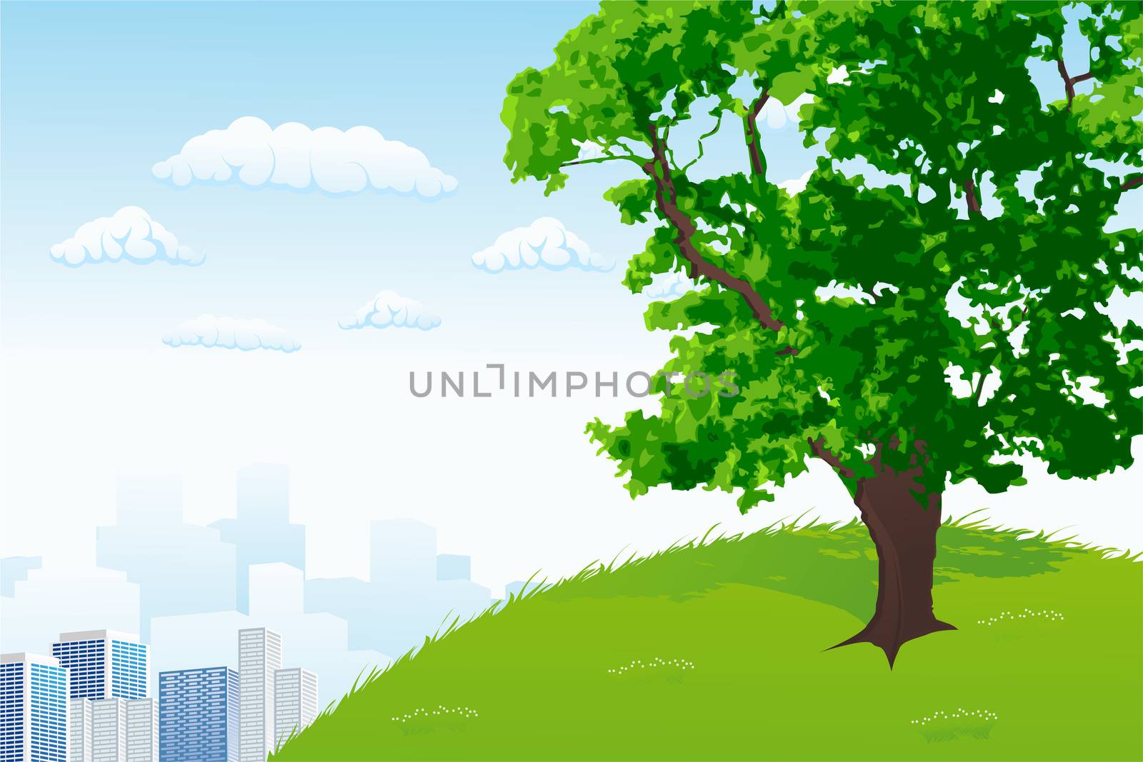 Green Tree with city panorama and cloudscape