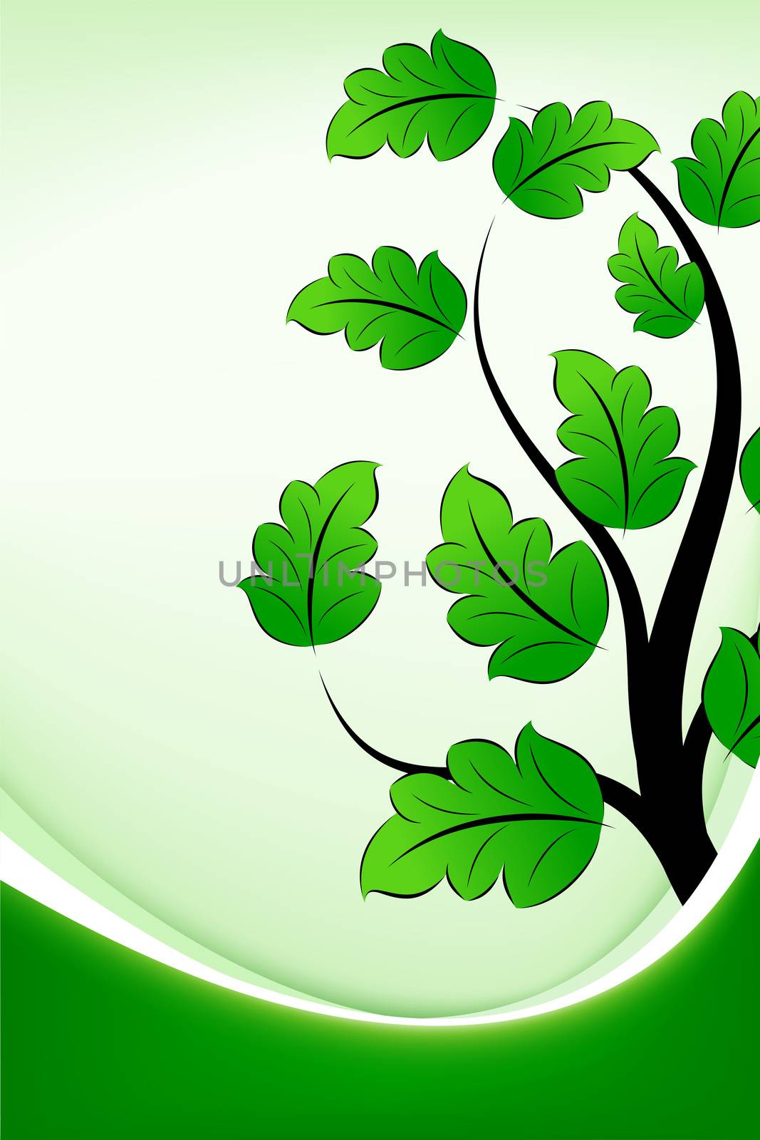 Green tree background with leaves and wave