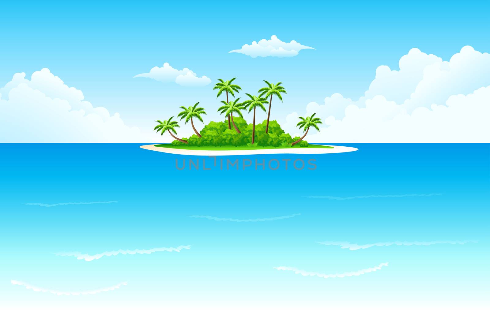 Tropical landscape with palm tree clouds and island