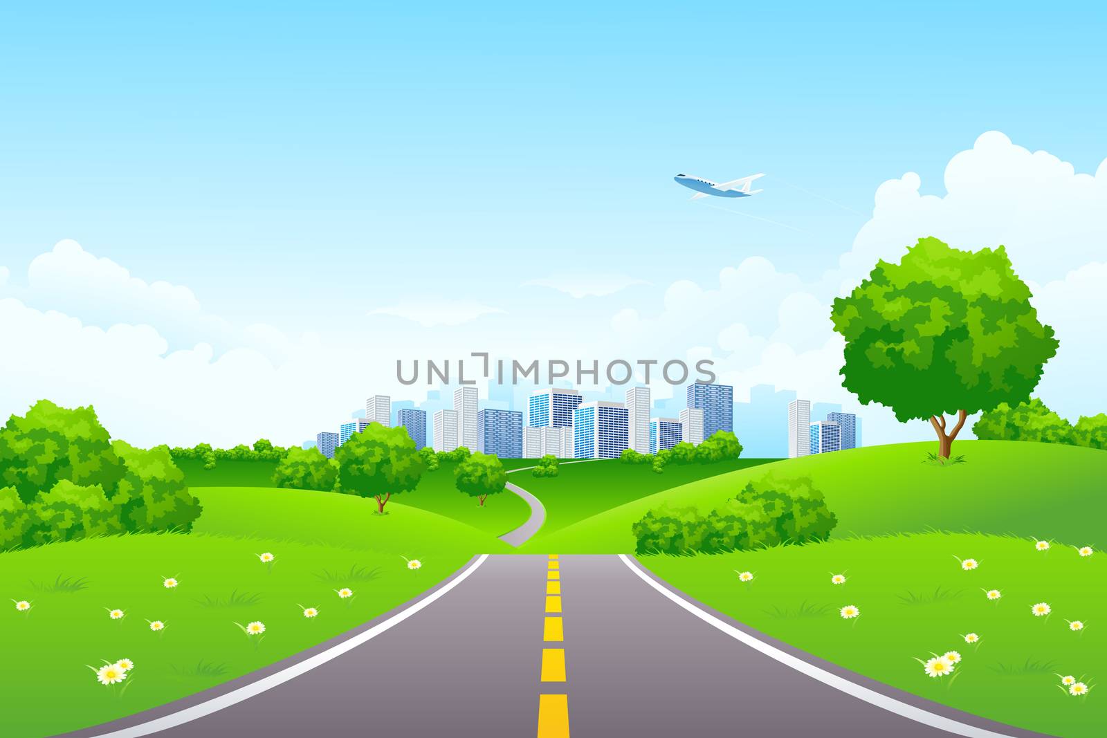 Landscape - green hills with tree cityscape cloudscape and airplane