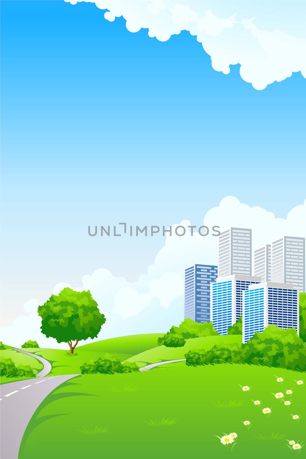 Landscape - green hills with tree and cityscape by WaD