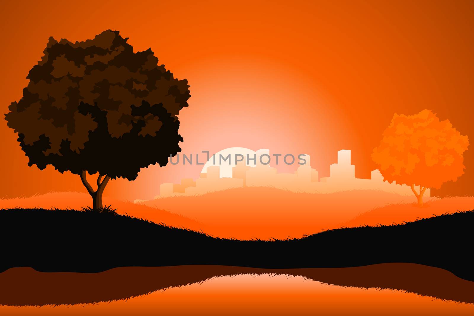 Amazing natural sunrise landscape with tree silhouette and cityscape