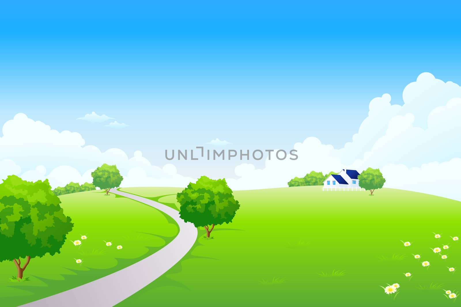Summer Landscape with blue sky trees flowers and clouds