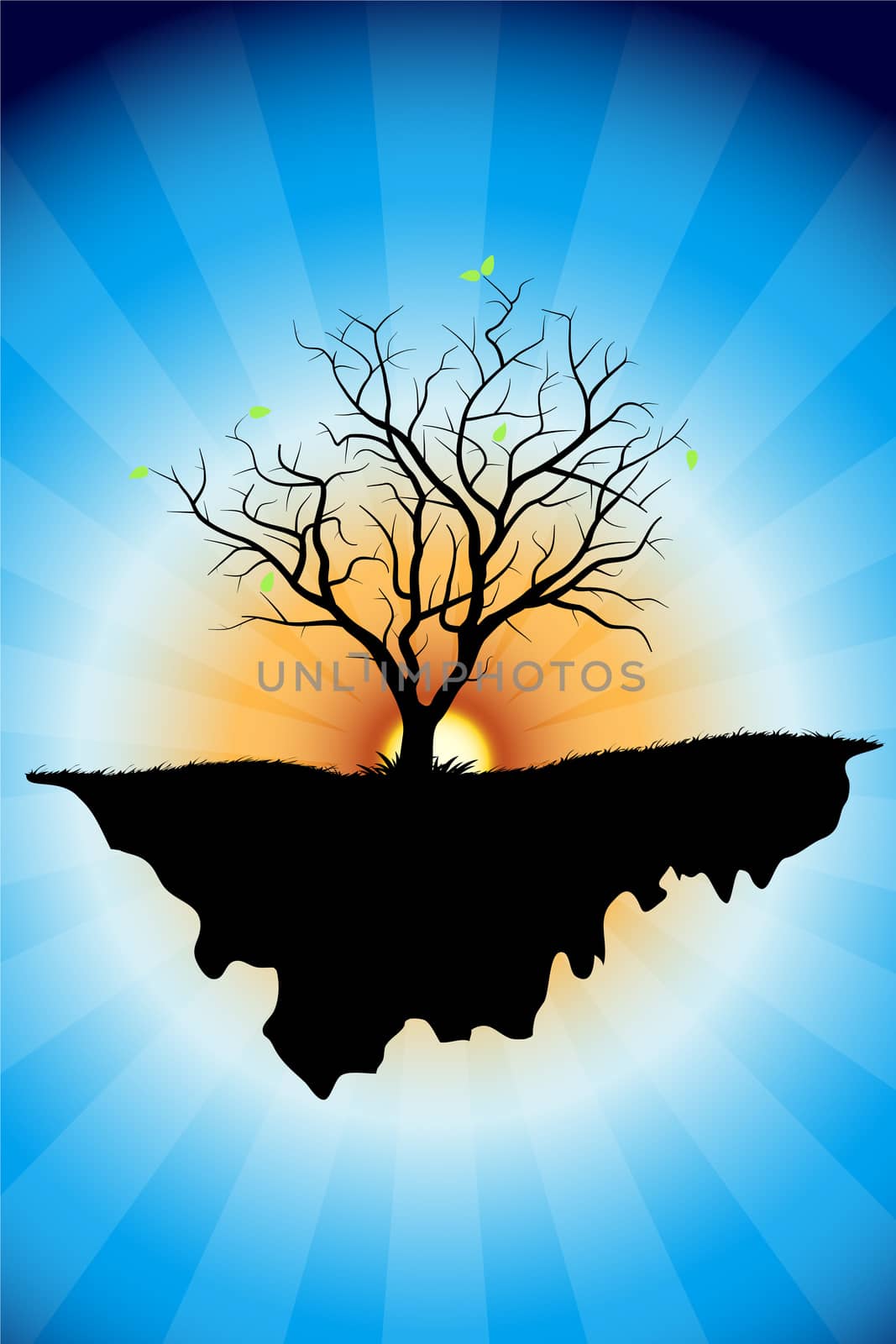 Abstract tree background with sun and rays