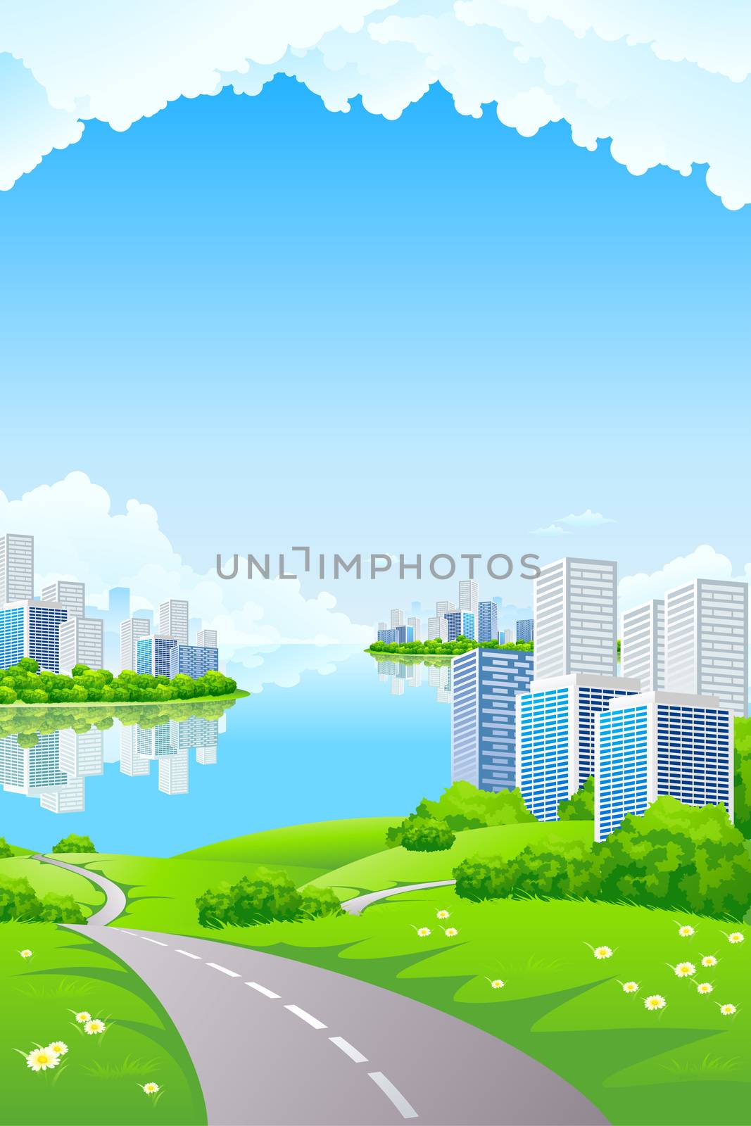 Green Landscape with City water and clouds