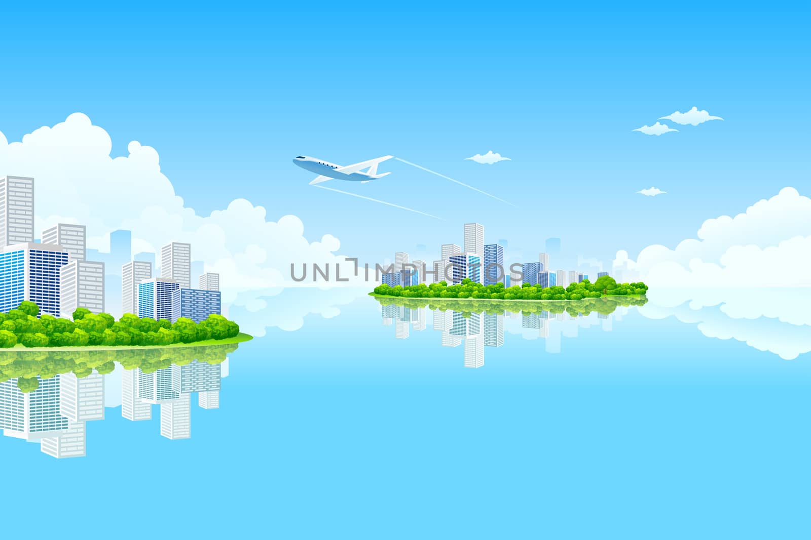 Business City Island with clouds water and airplane