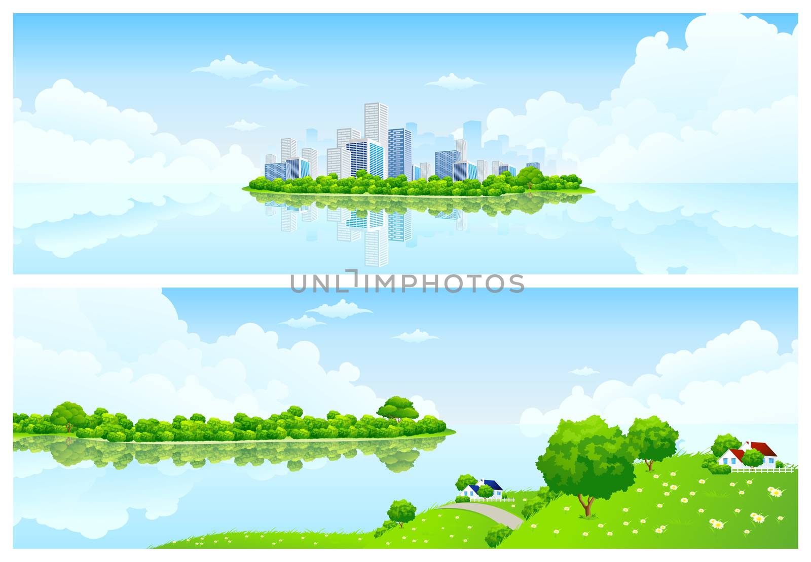 Two horizontal Nature banners with clouds grass flowers and buildings