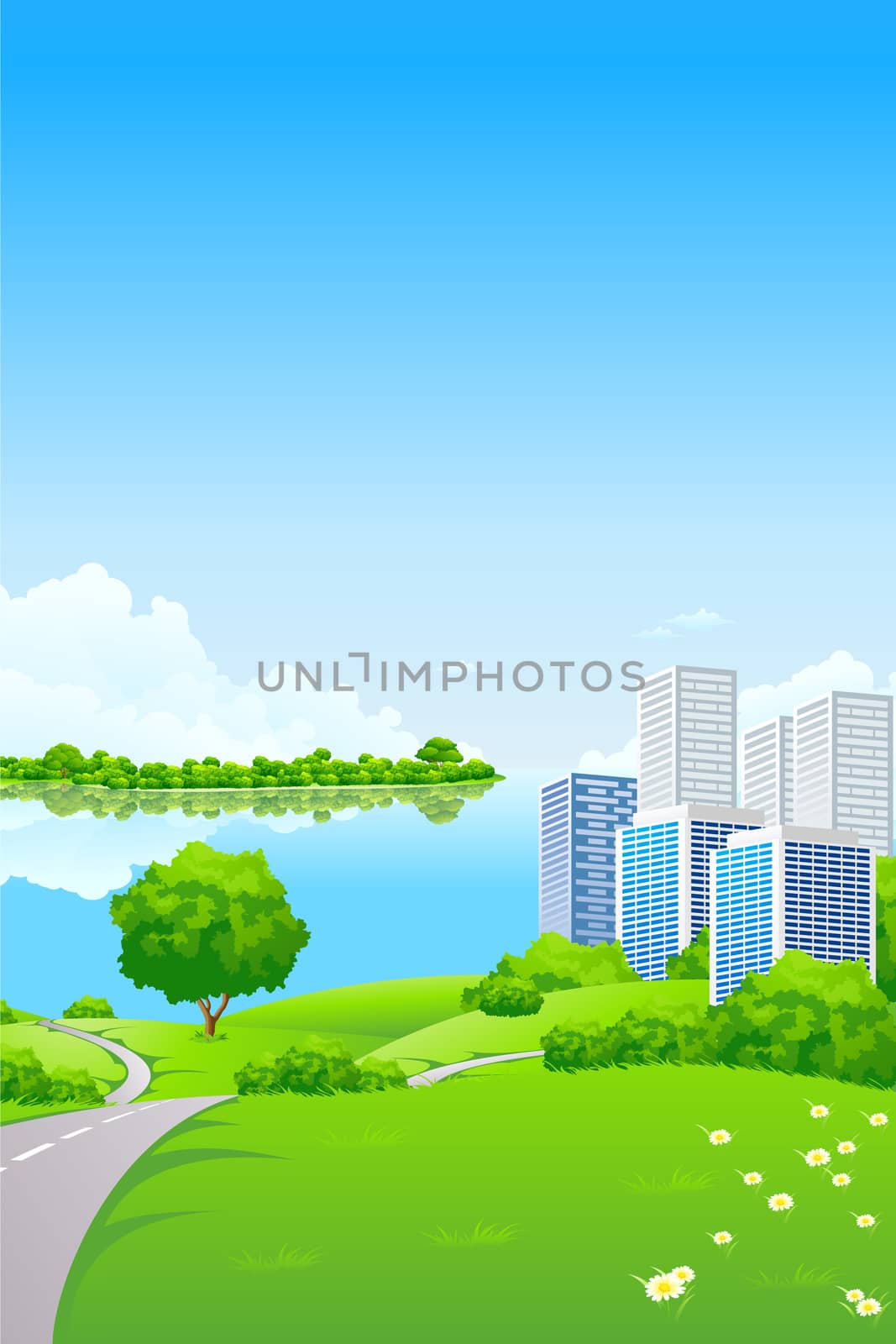 Green Landscape with City lake and trees