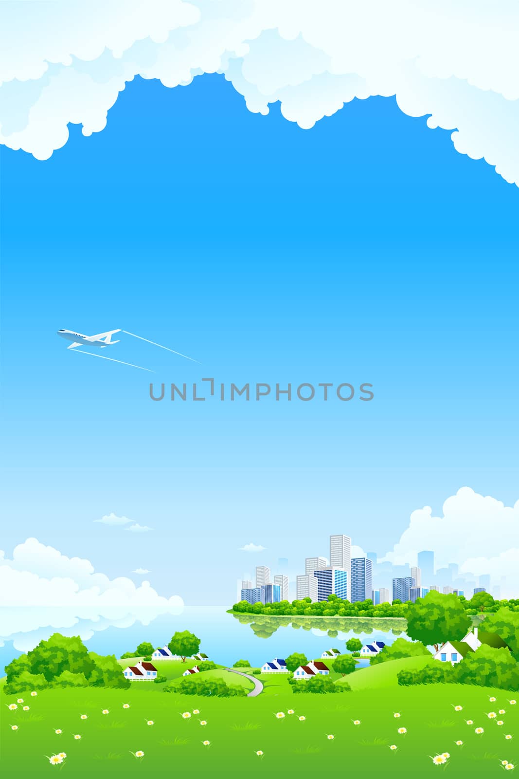 Green Landscape with City aircraft lake and flowers