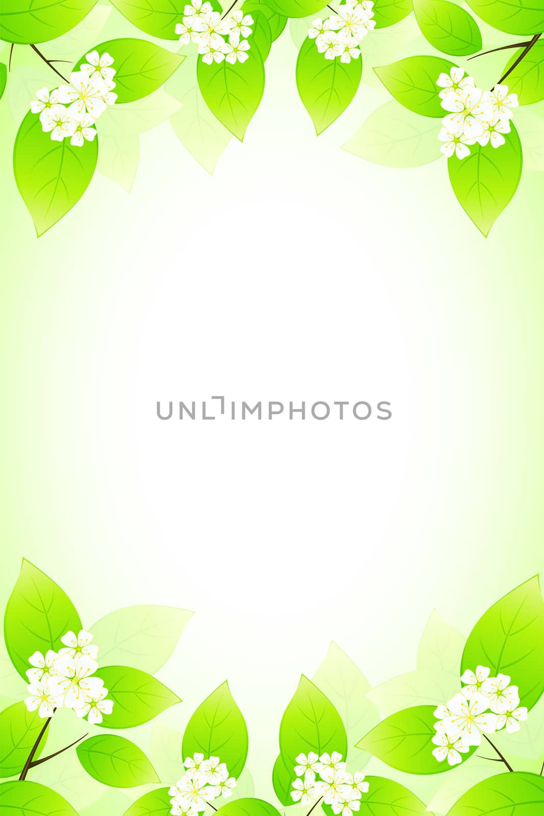 Green background with leaves branches and flowers