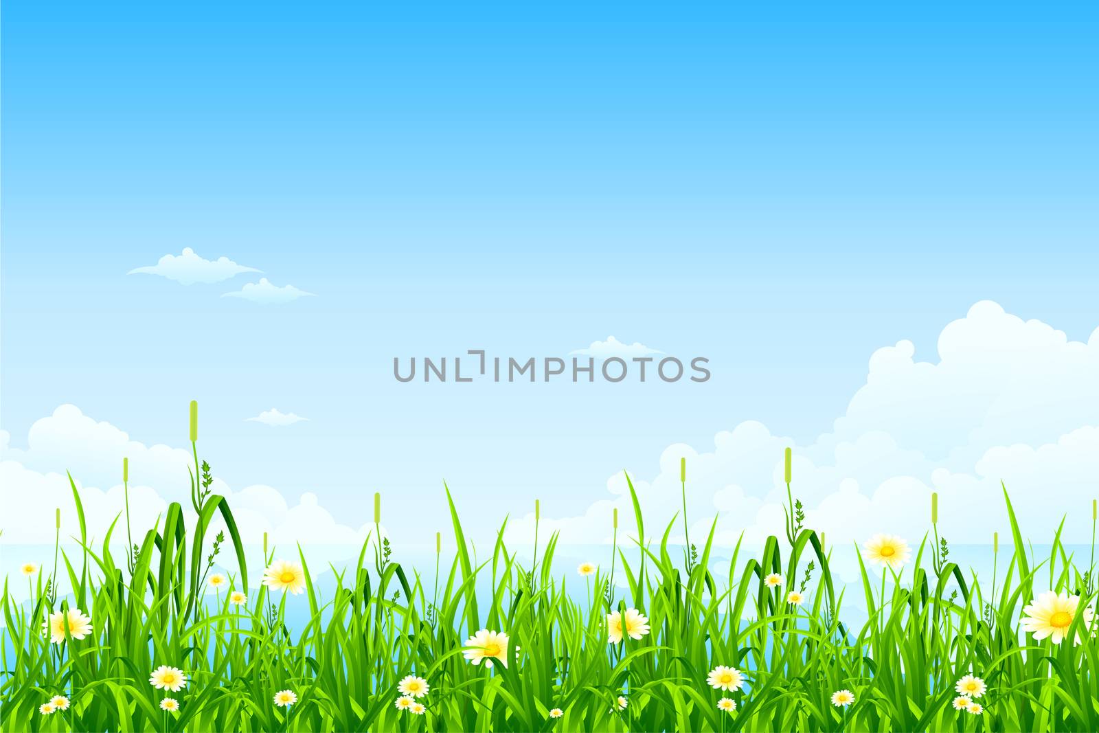 Green background with grass lake clouds and flowers 