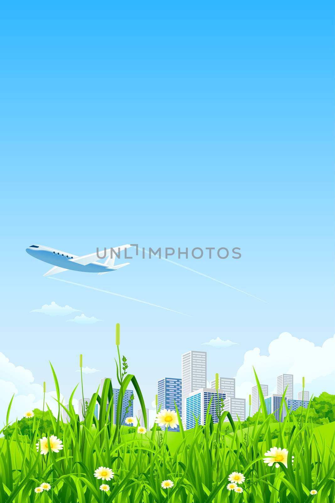 Green City Background with grass clouds and airplane