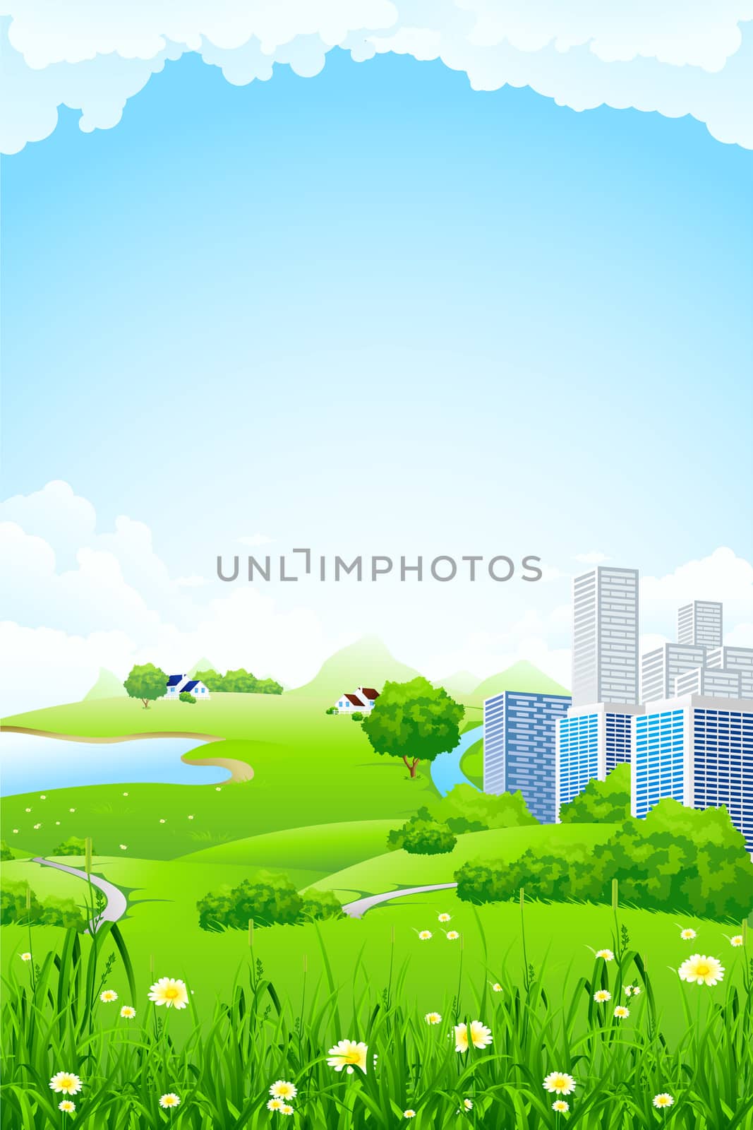 Green landscape with flowers grass lake and city