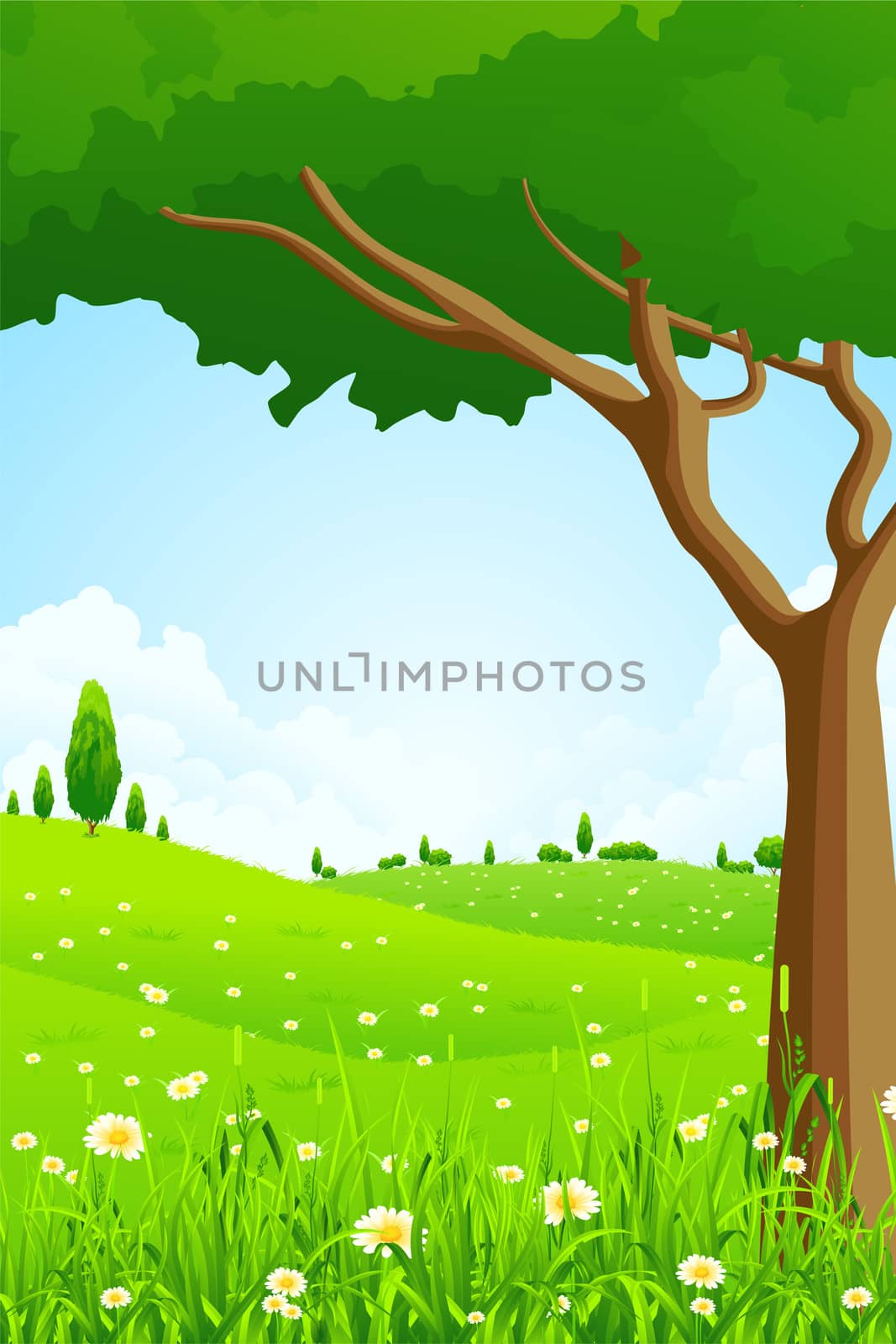 Great Green Landscape with Flowers and Trees for your design