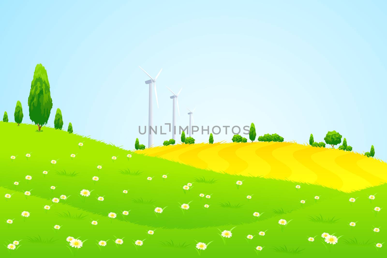 Green Landscape with Wind Power Station Trees Hills and Flowers for your design