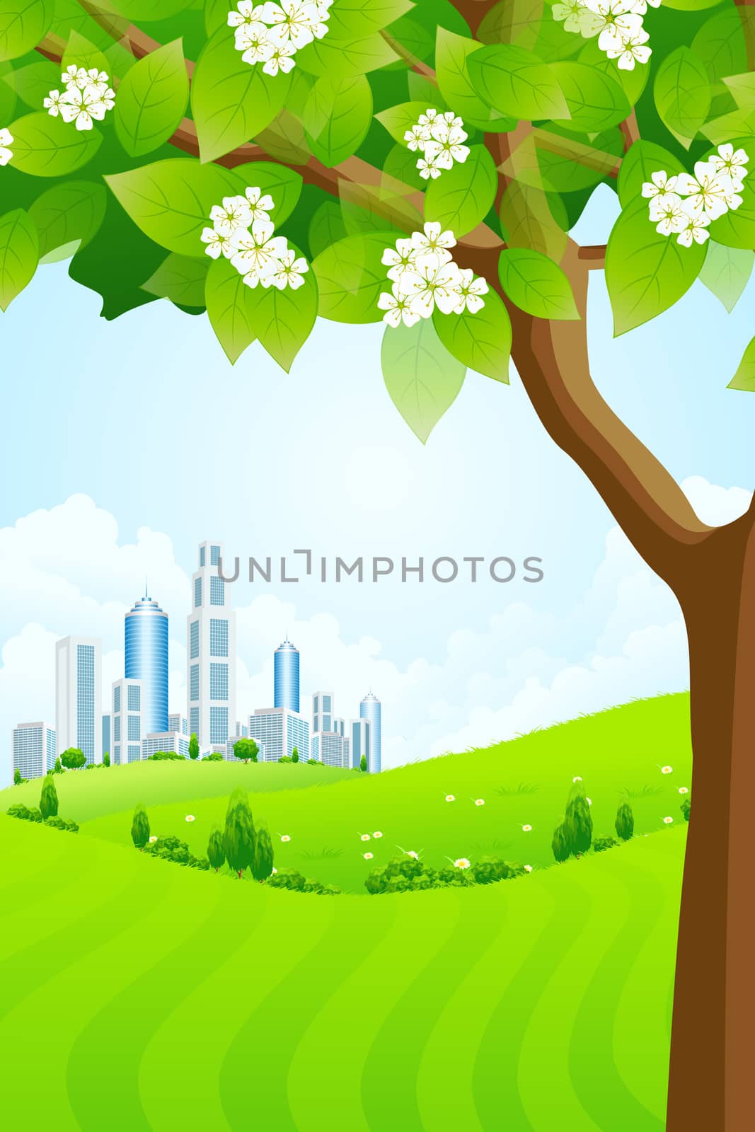 Green Background with Tree and Modern City by WaD