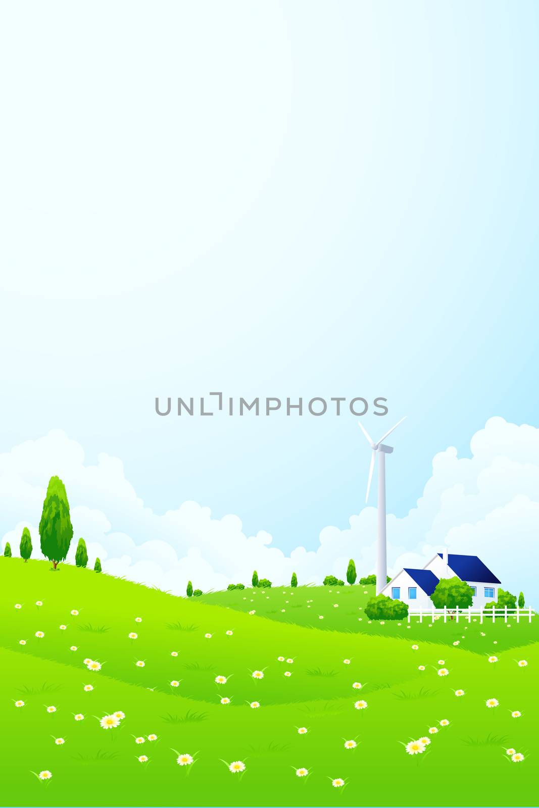 Green Vector Landscape with flowers house clouds grass and wind power station