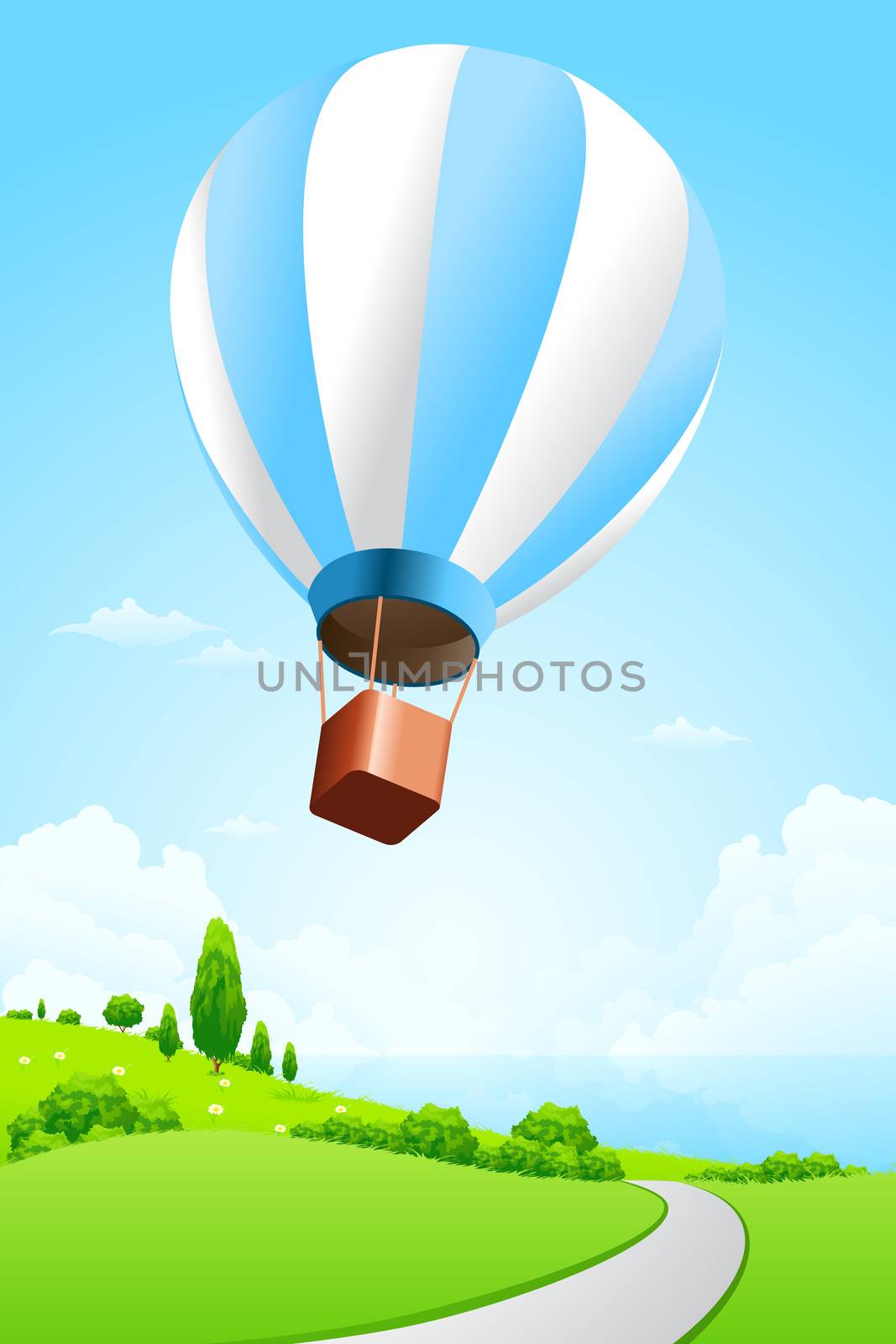 Green Landscape with Sea and Hot Air Balloon