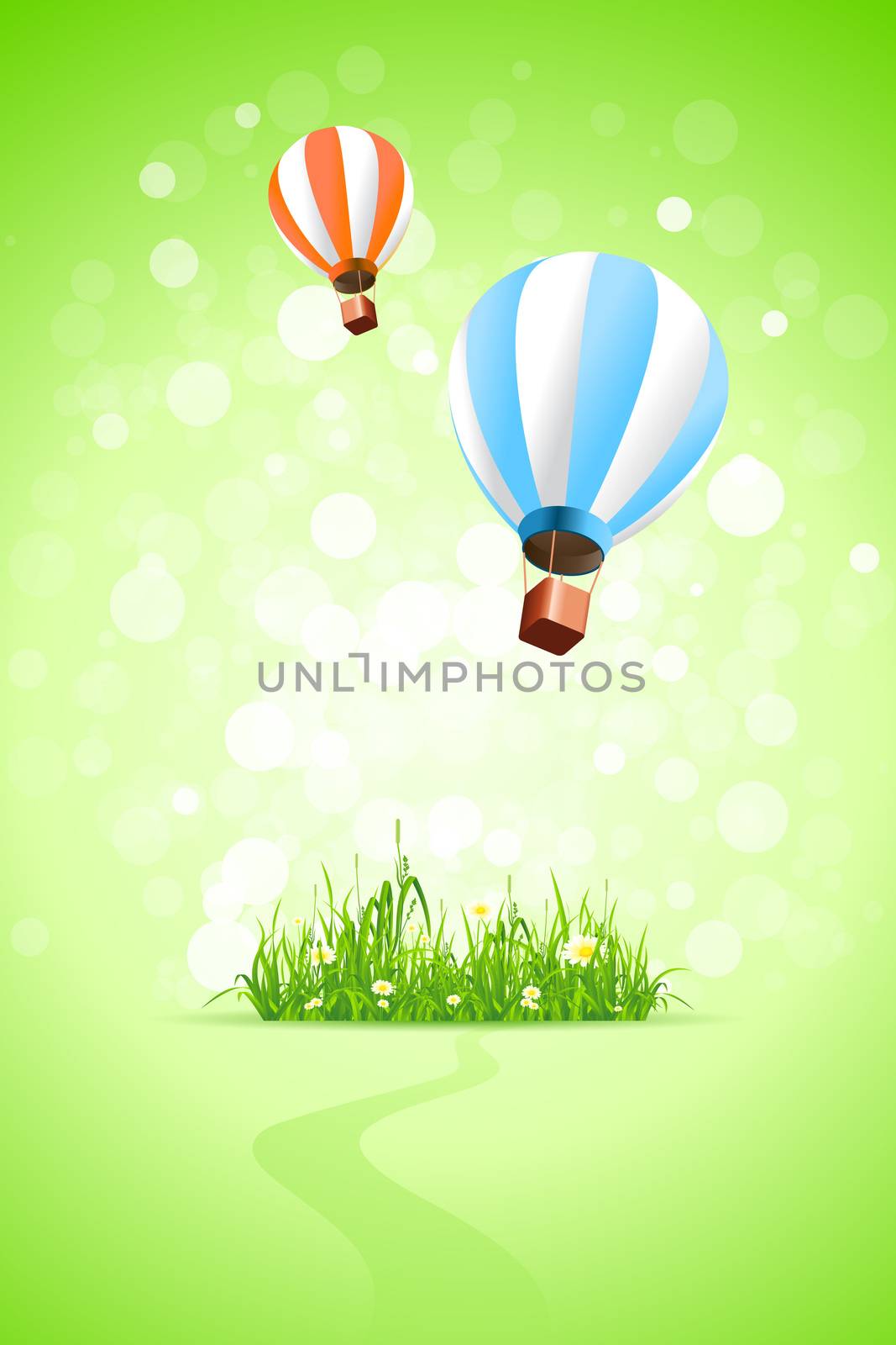 Green Background with Grass Path and Hot Air Balloons