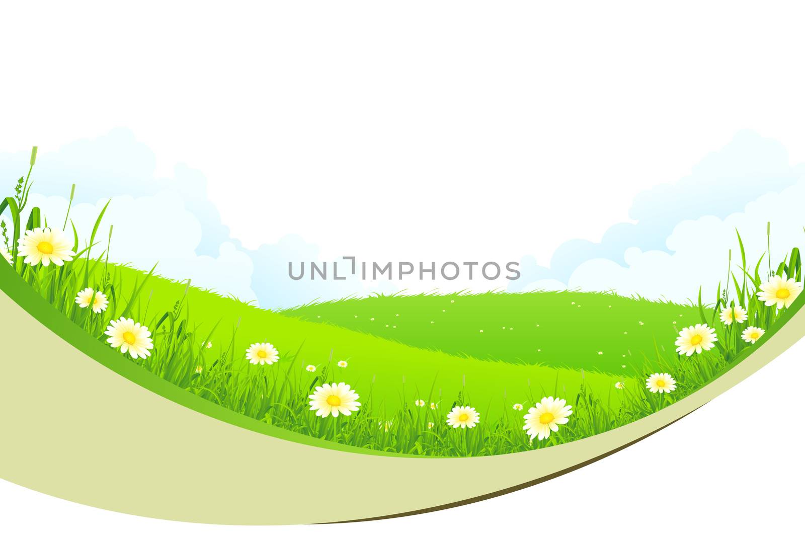 Green Landscape with  Hills, Grass, Flowers and Clouds isolated on white background