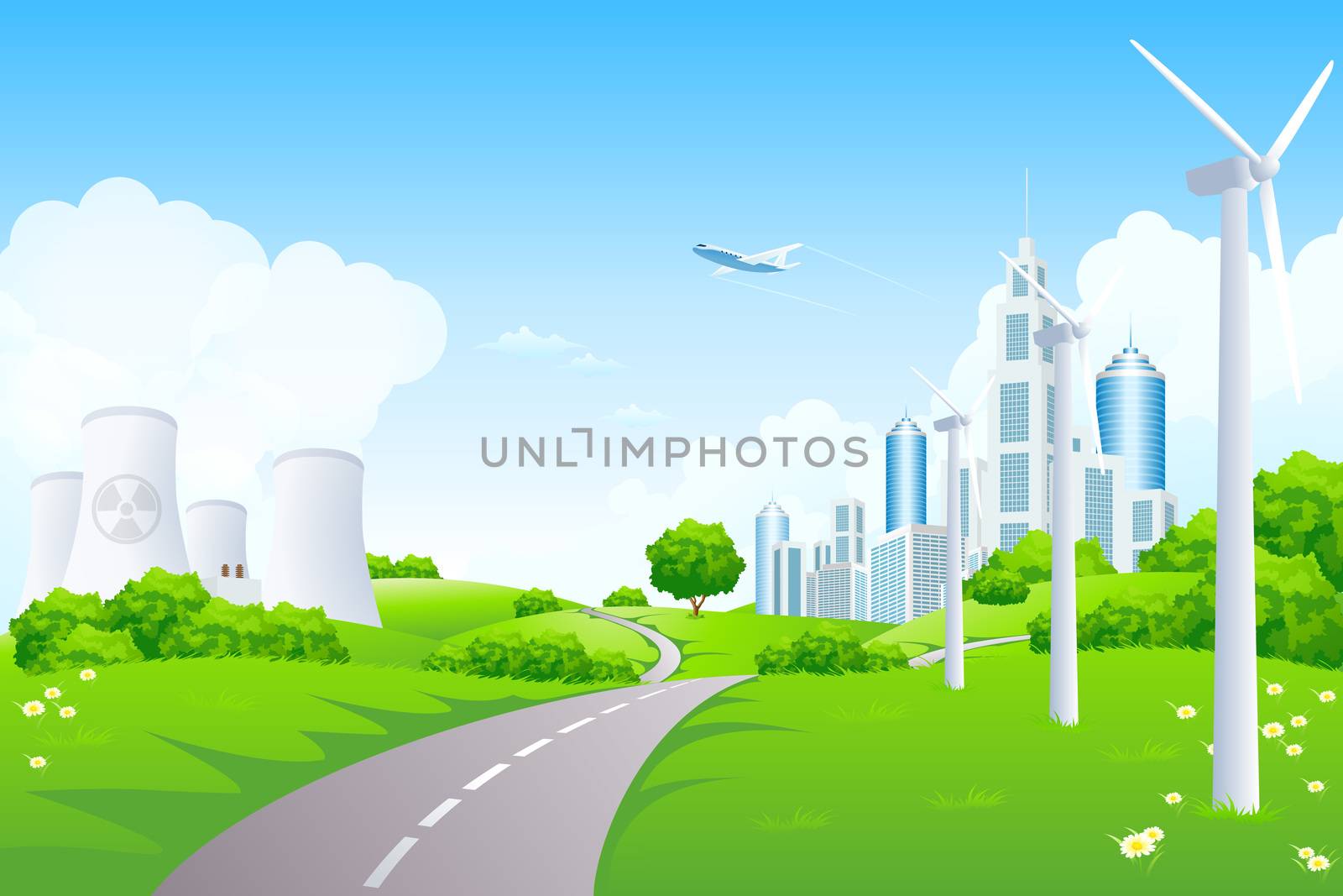 Green Landscape with Road, Airplane, City, Windmills and  Nuclear Power Plant	