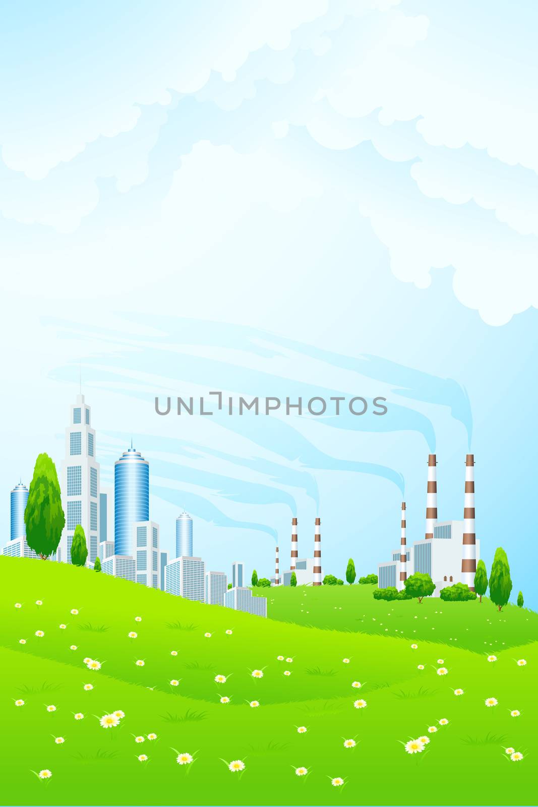 Green Landscape with Business City, Clouds and Power Plant