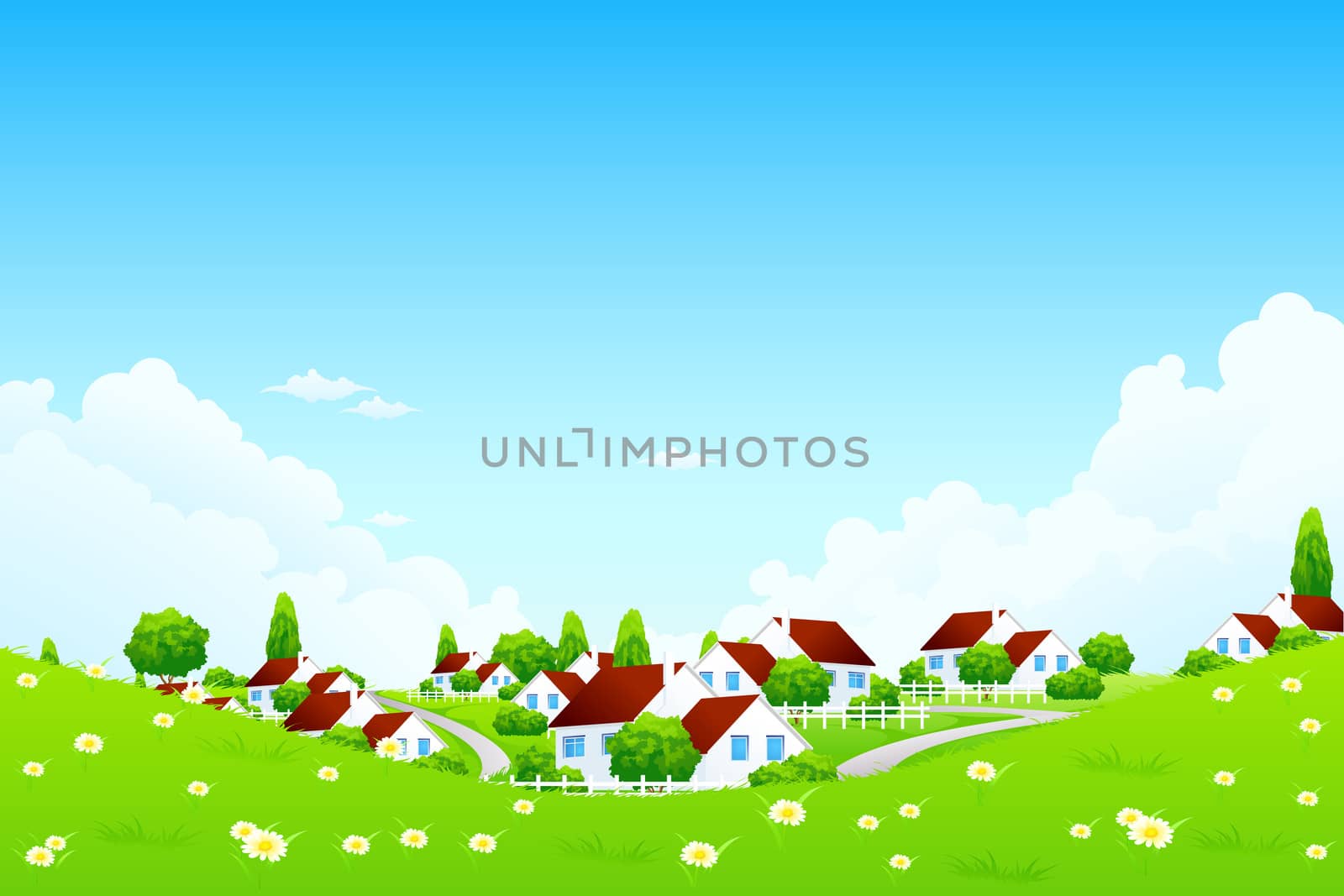 Landscape with Village. The Concept of Healthy Life.