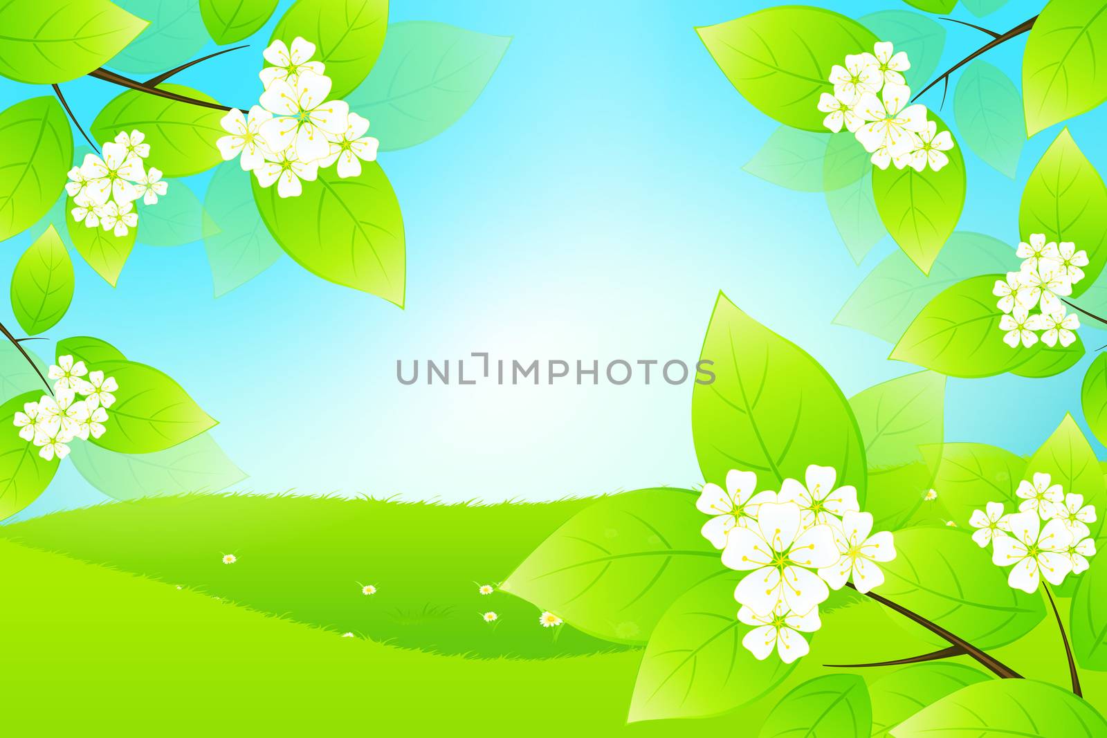 Green Landscape with Tree Branch and Flowers