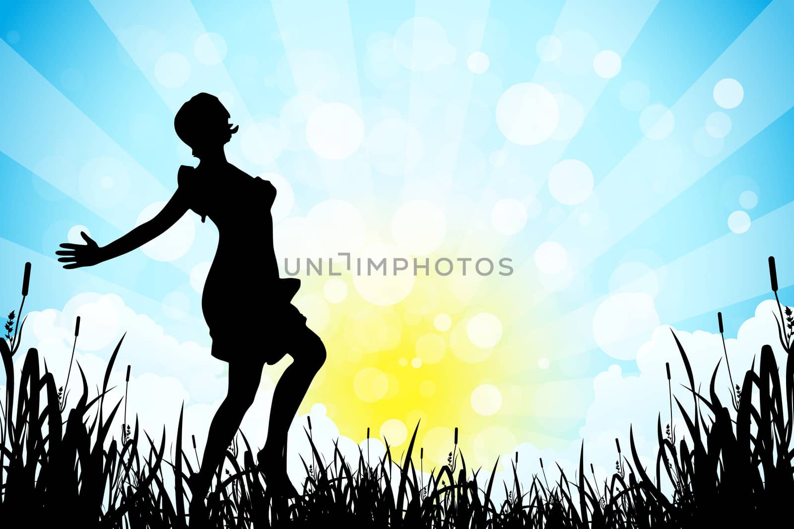 Nature Background with Girl Silhouette, Grass and Shining Sun