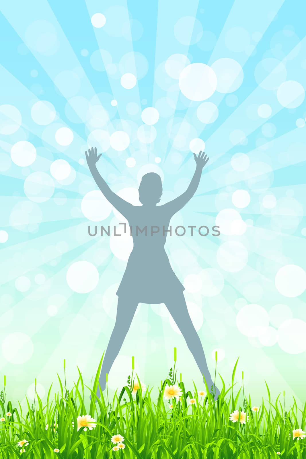 Nature Background with Girl Silhouette in Jump and Rays