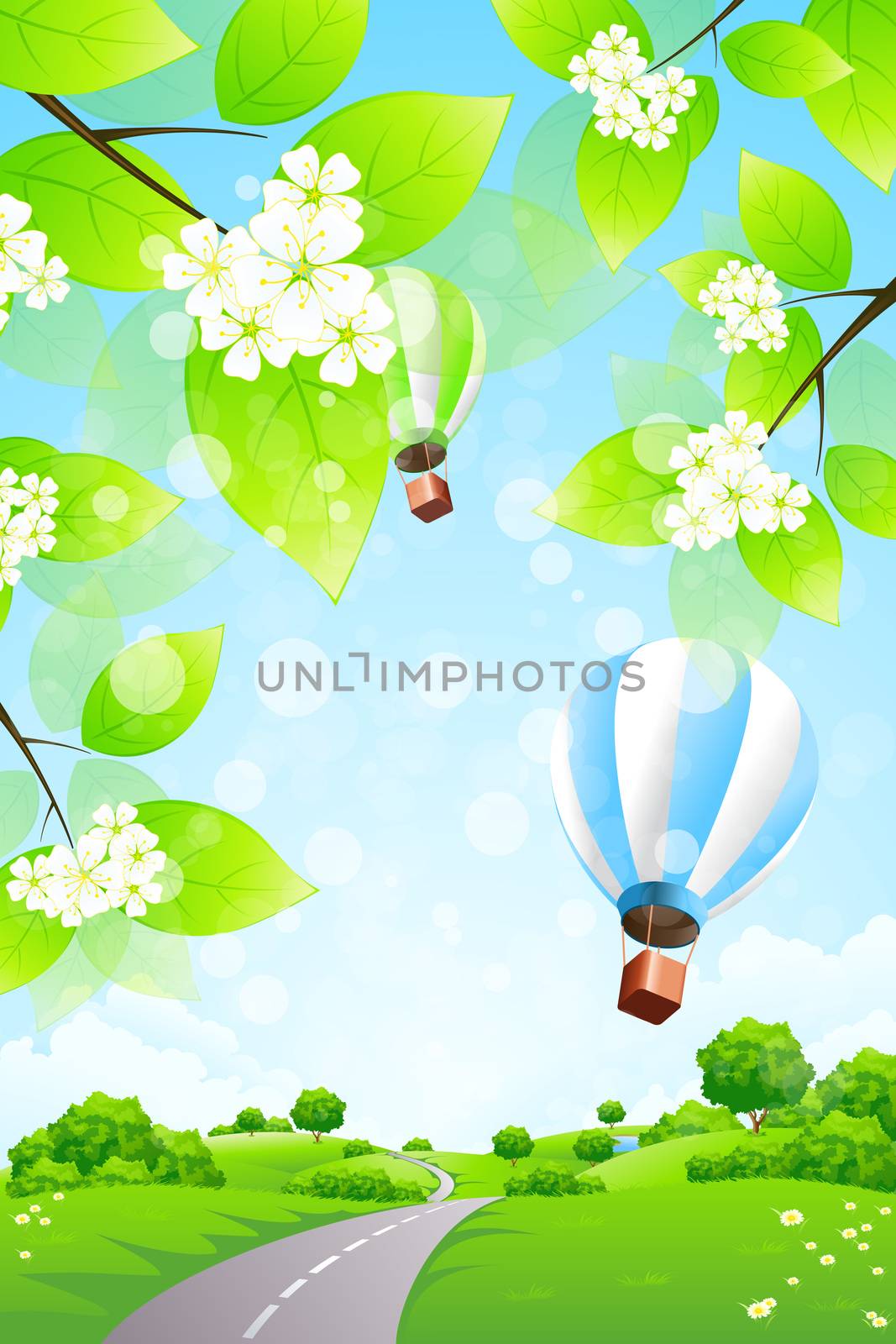 Green Landscape with Balloons clouds and road