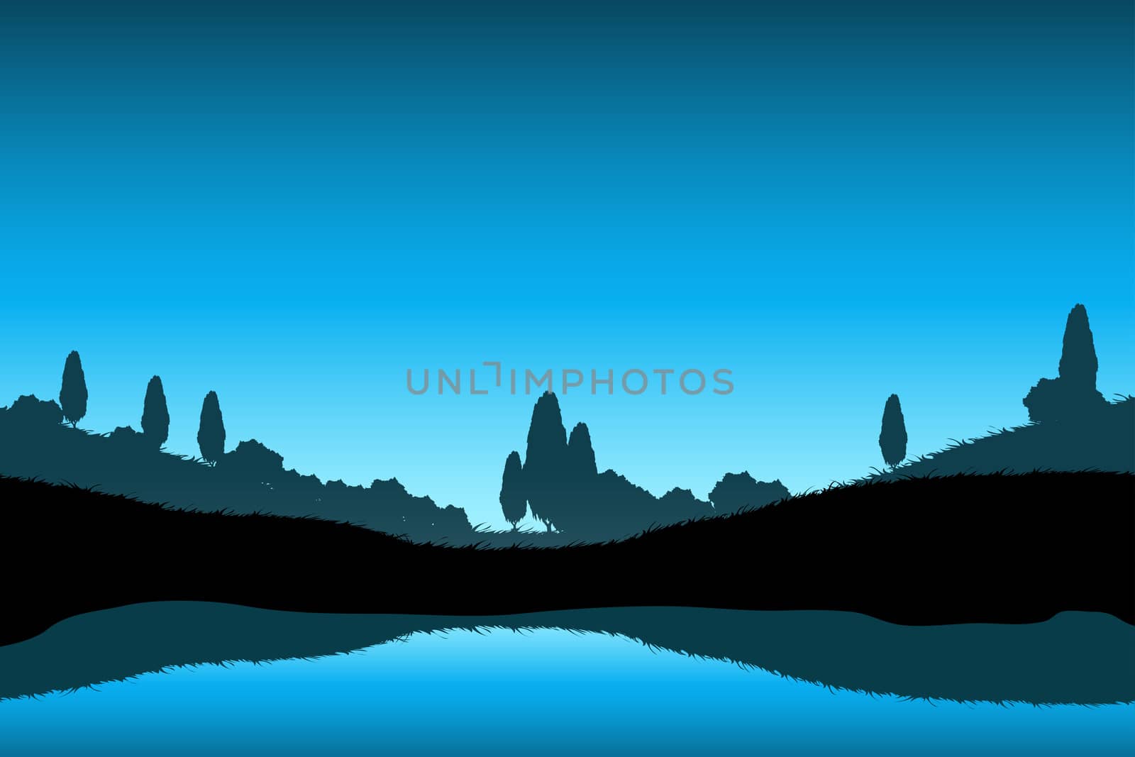 Nature Landscape with Trees Silhouette and with Lake