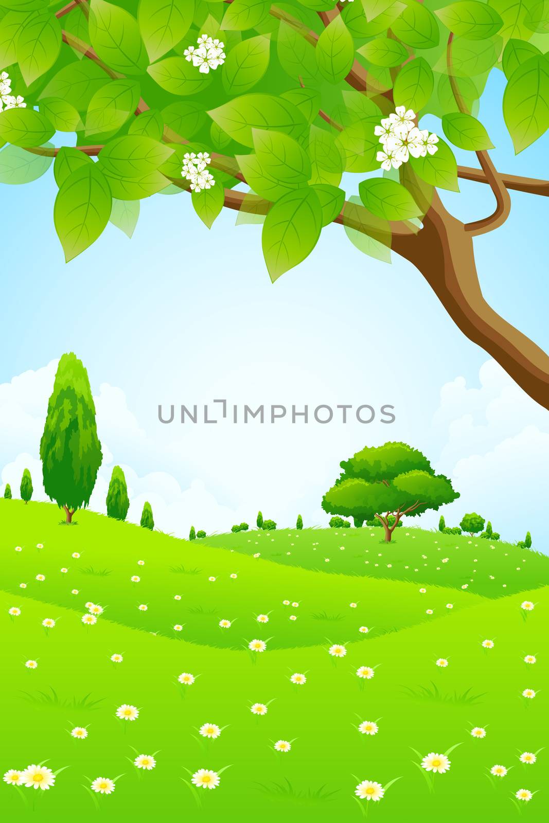 Green Landscape with Tree Branch, Trees and Flowers