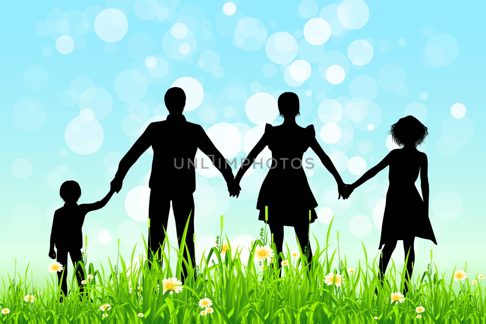 Green Grass and Blue Sky with Family Silhouettes by WaD