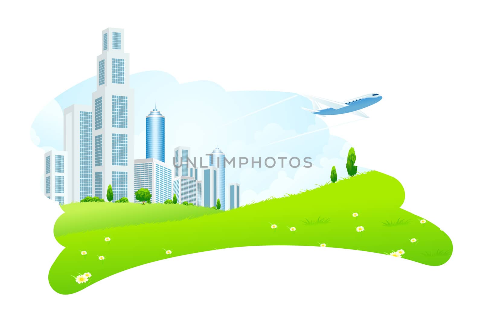 Business City with Aircraft and Green Grass