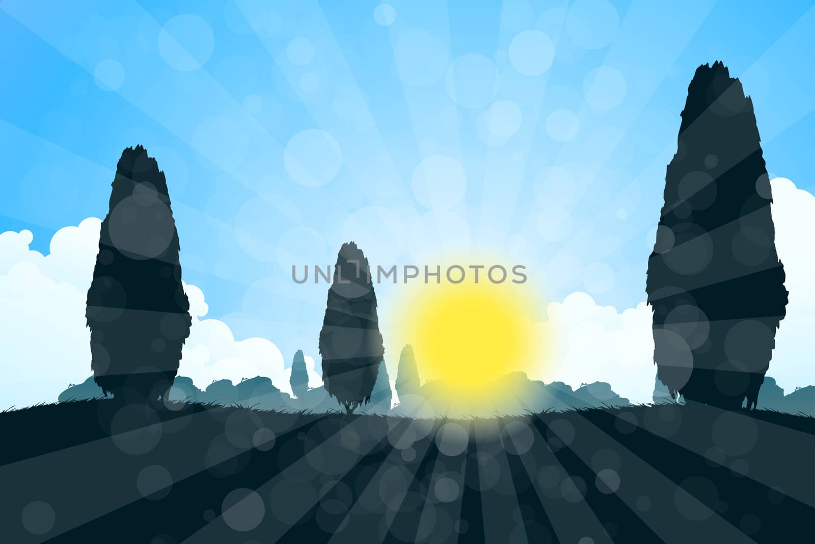 Landscape with  Tree Silhouettes and Sun Rays