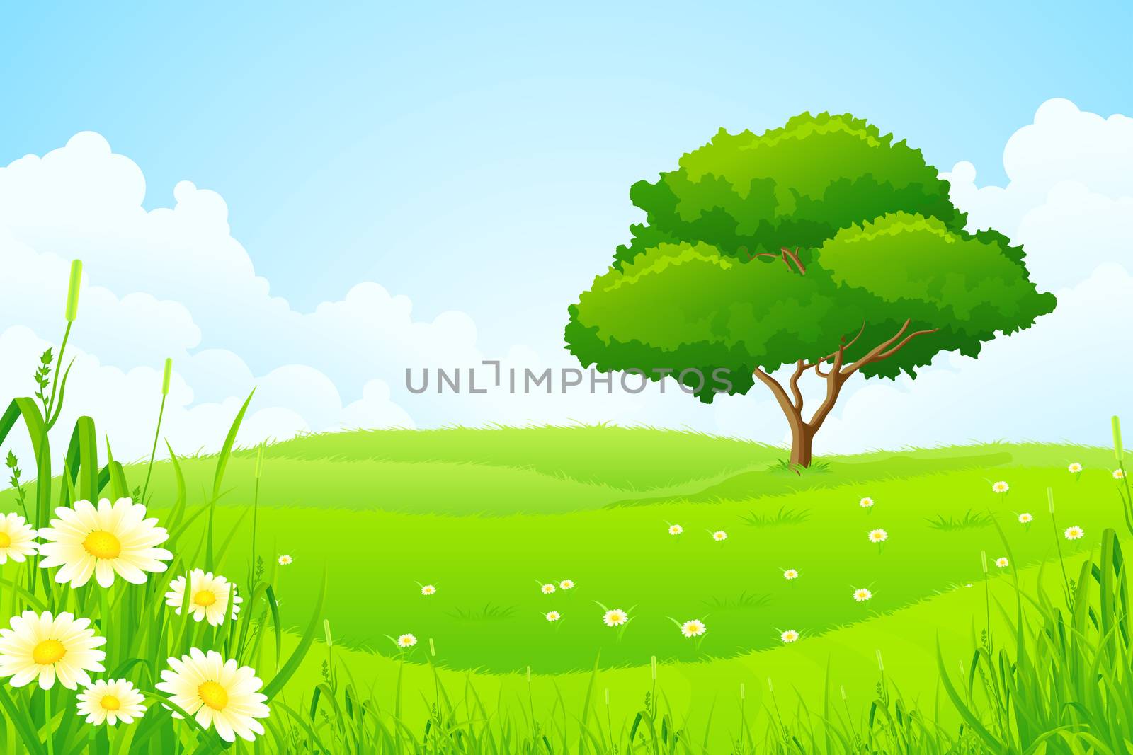 Green Landscape with Tree Clouds and Flowers