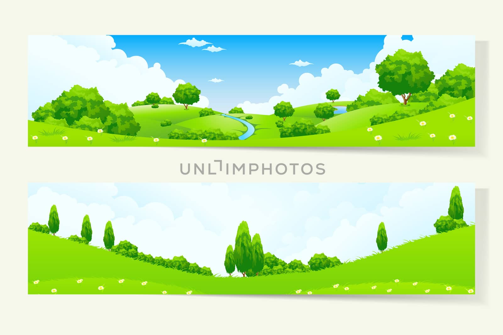 Two Green Horizontal Banners with Nature Landscape