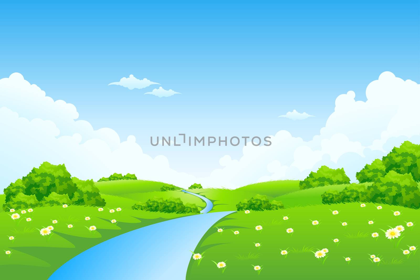 Green Landscape with Trees, Clouds, Flowers and River