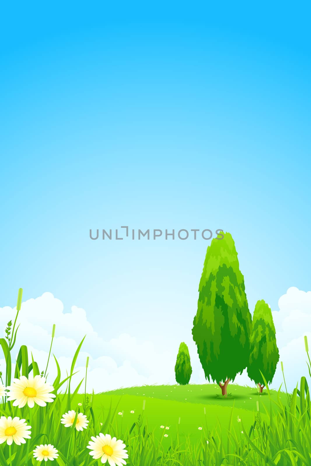 Green Landscape with  Flowers Trees and Clouds