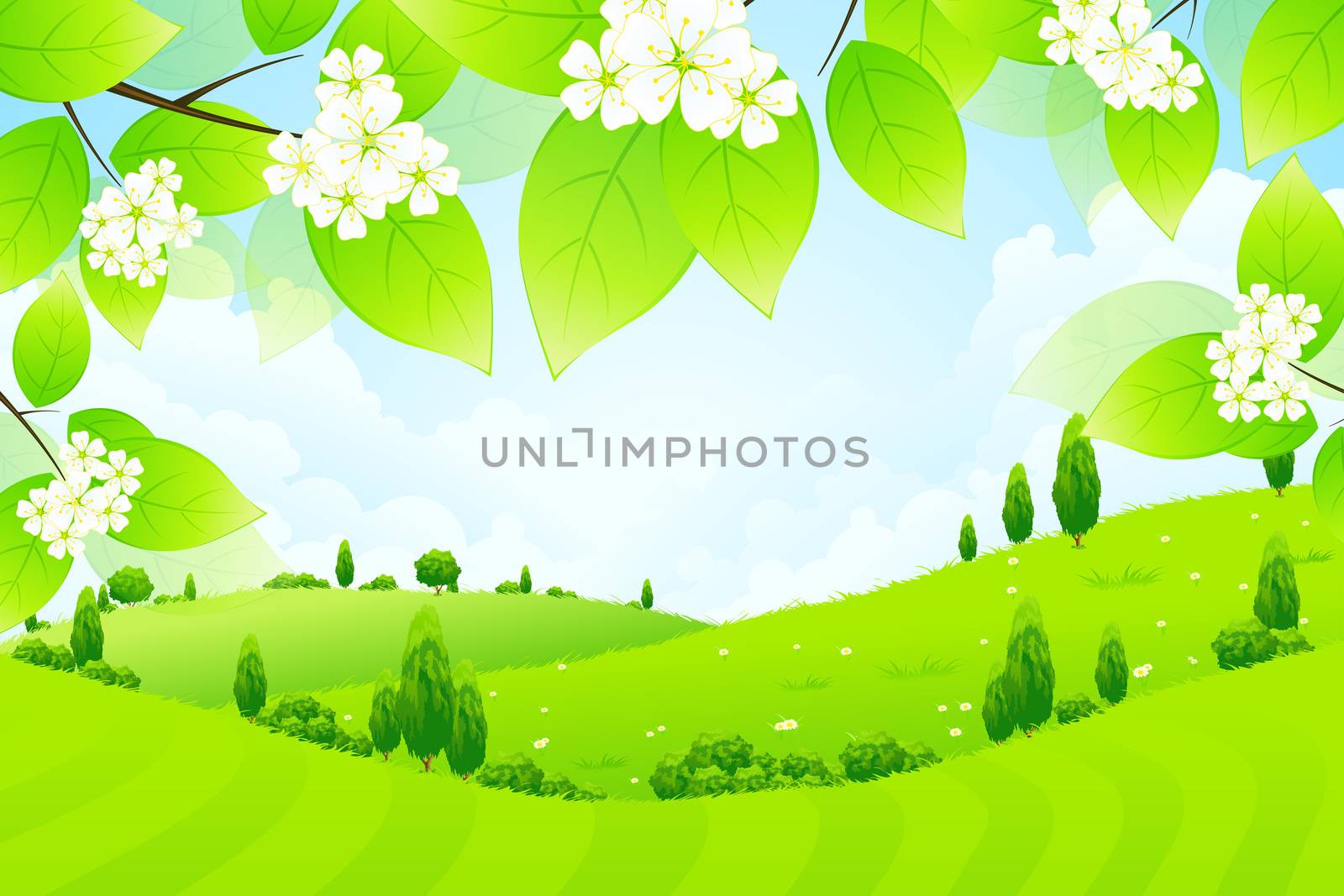 Green Landscape with Tree Branch, Trees and Flowers