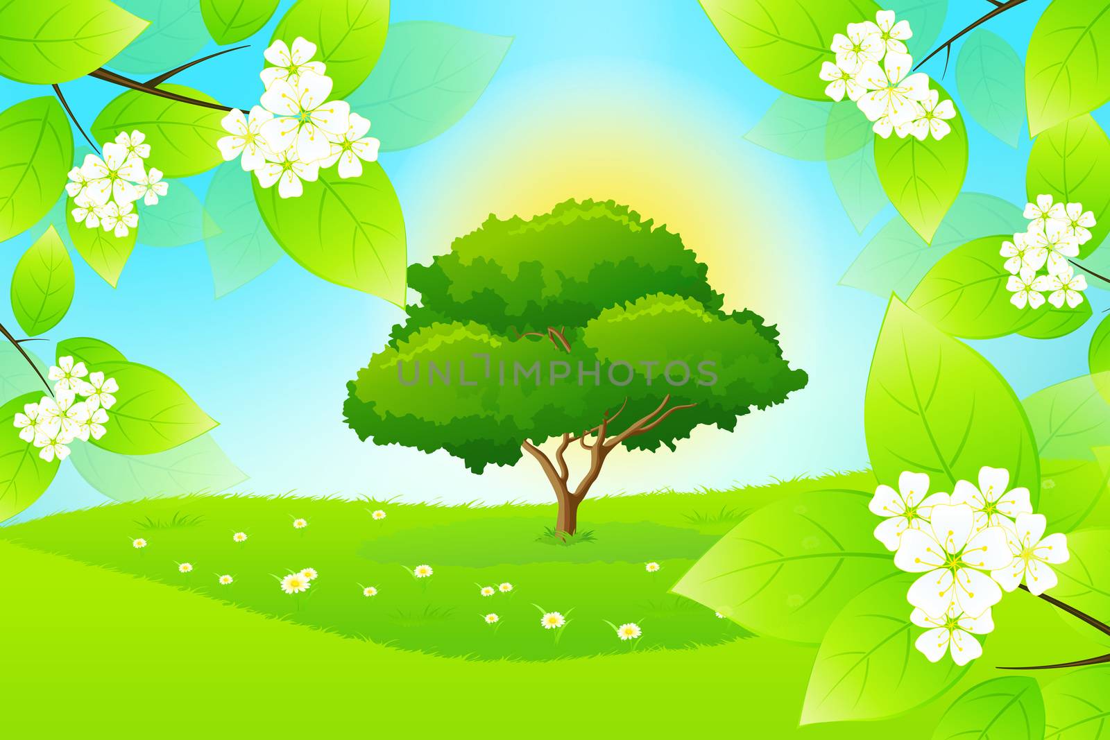 Green Landscape with Tree Branch, Trees and Flowers