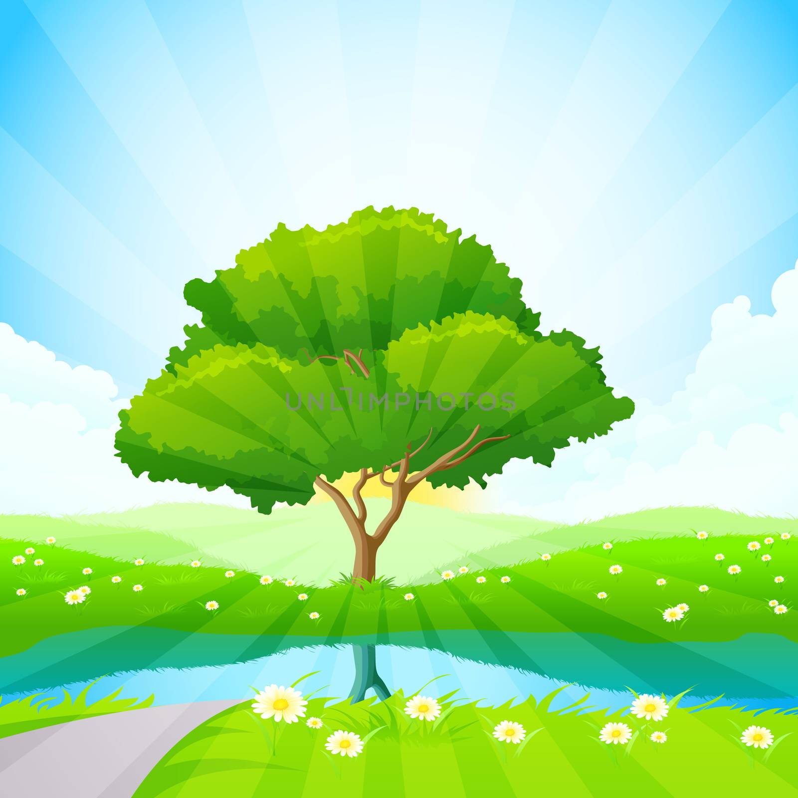 Green tree background with flowers lake and clouds